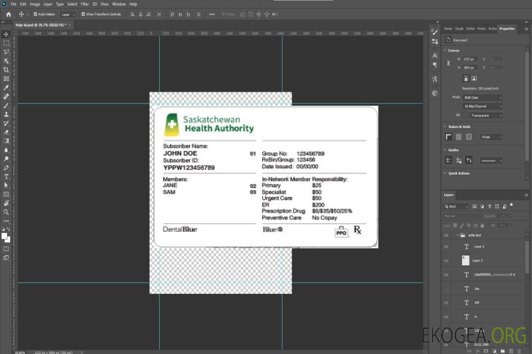 Carte d'assurance maladie de la Saskatchewan template
